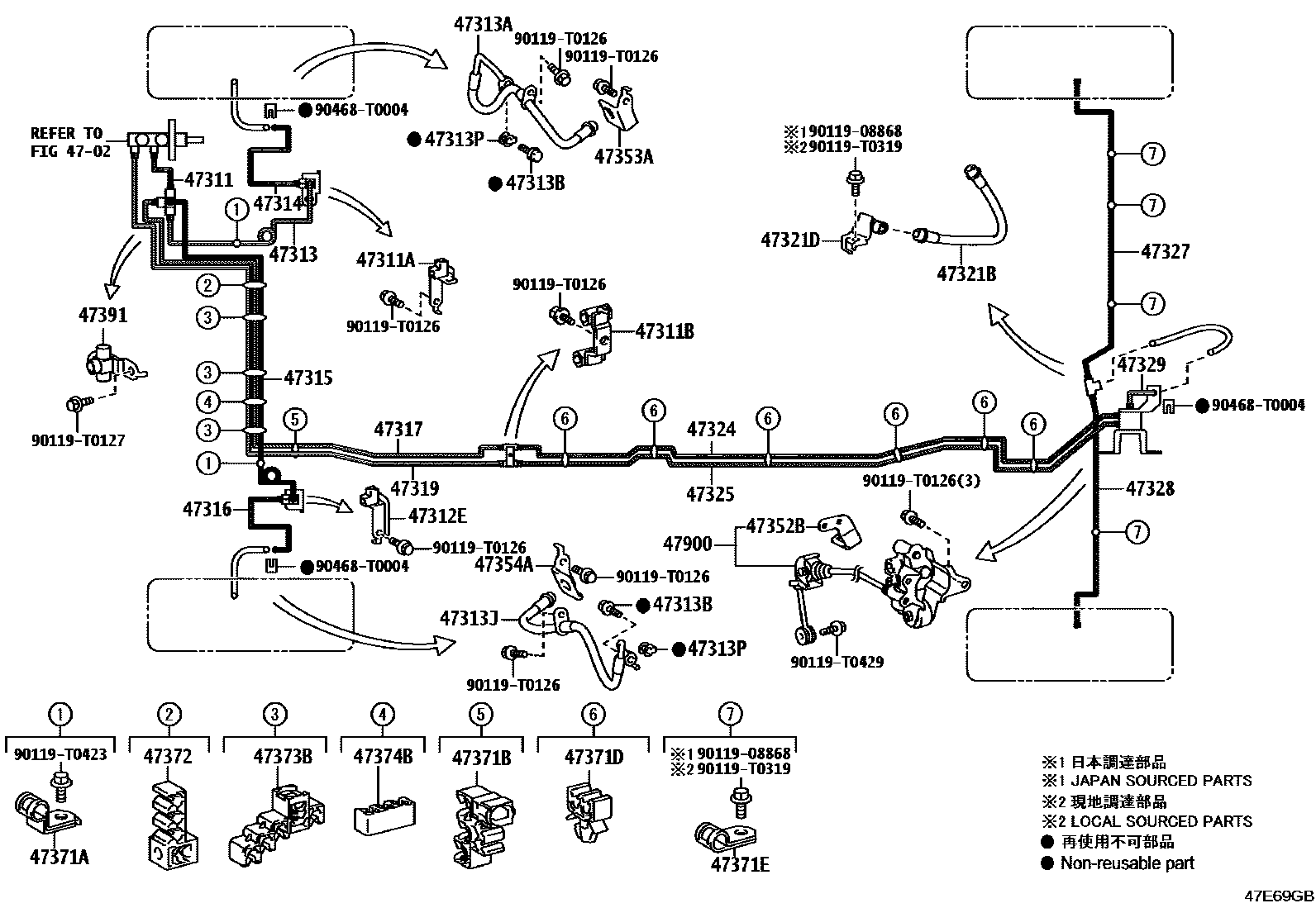 Toyota HILUX 制动配管和卡箍 EPC diagram — 47E69GB