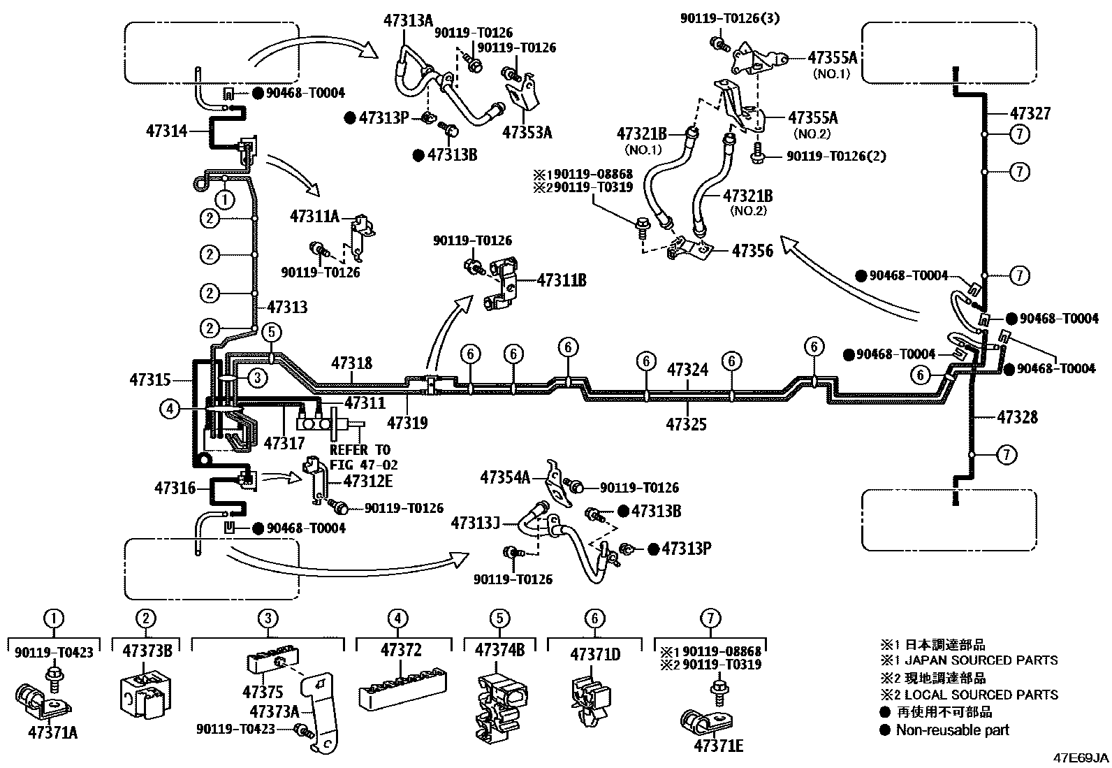 Toyota HILUX 制动配管和卡箍 EPC diagram — 47E69JA