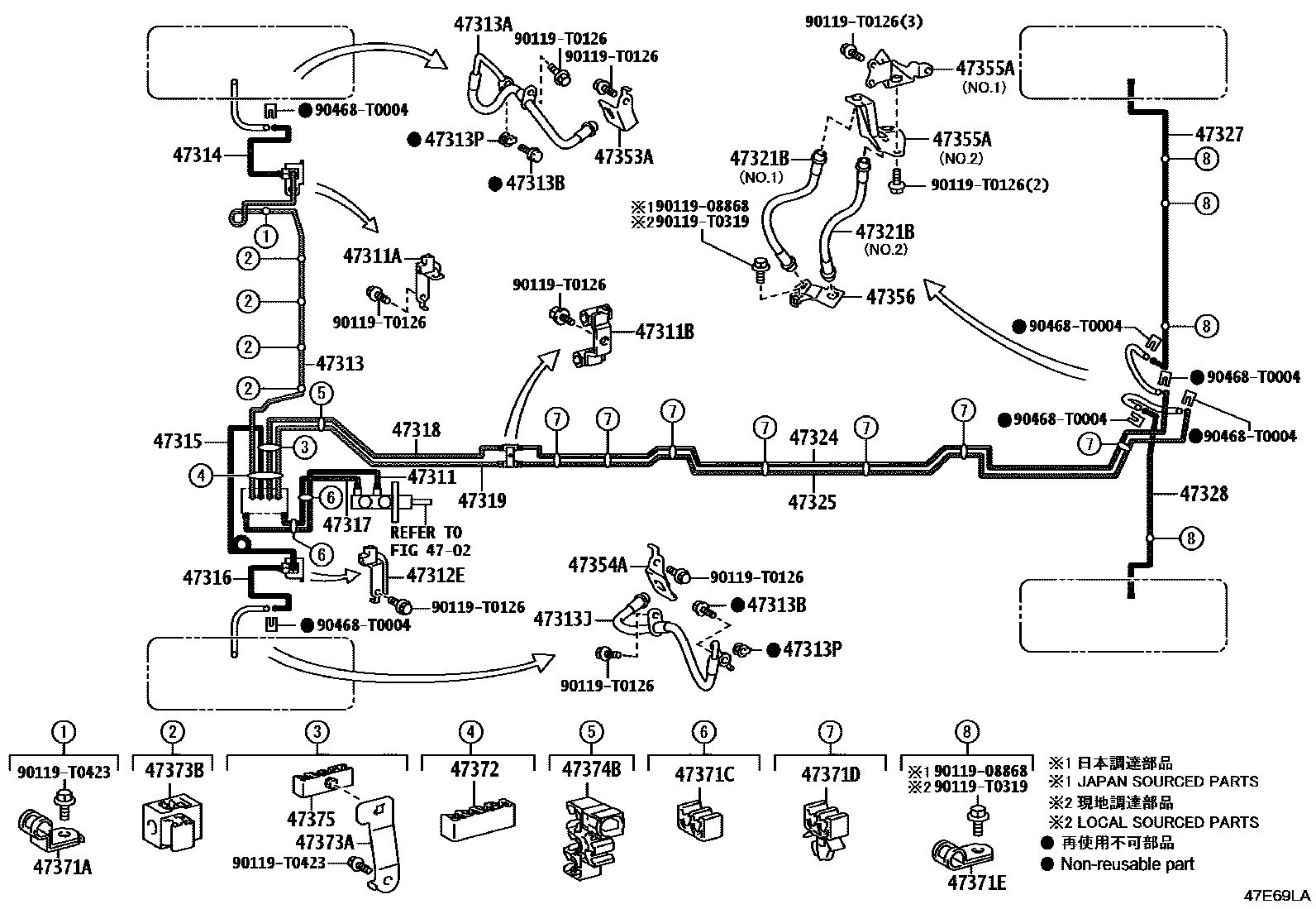 Toyota HILUX 制动配管和卡箍 EPC diagram — 47E69LA