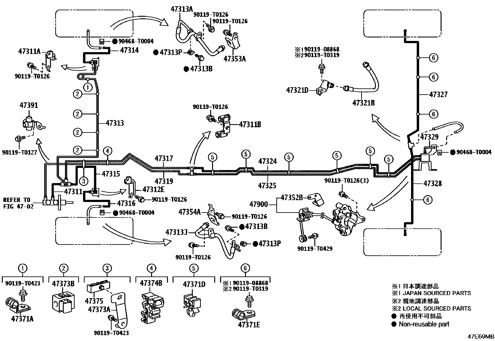 Toyota HILUX 制动配管和卡箍 EPC diagram — 47E69MB