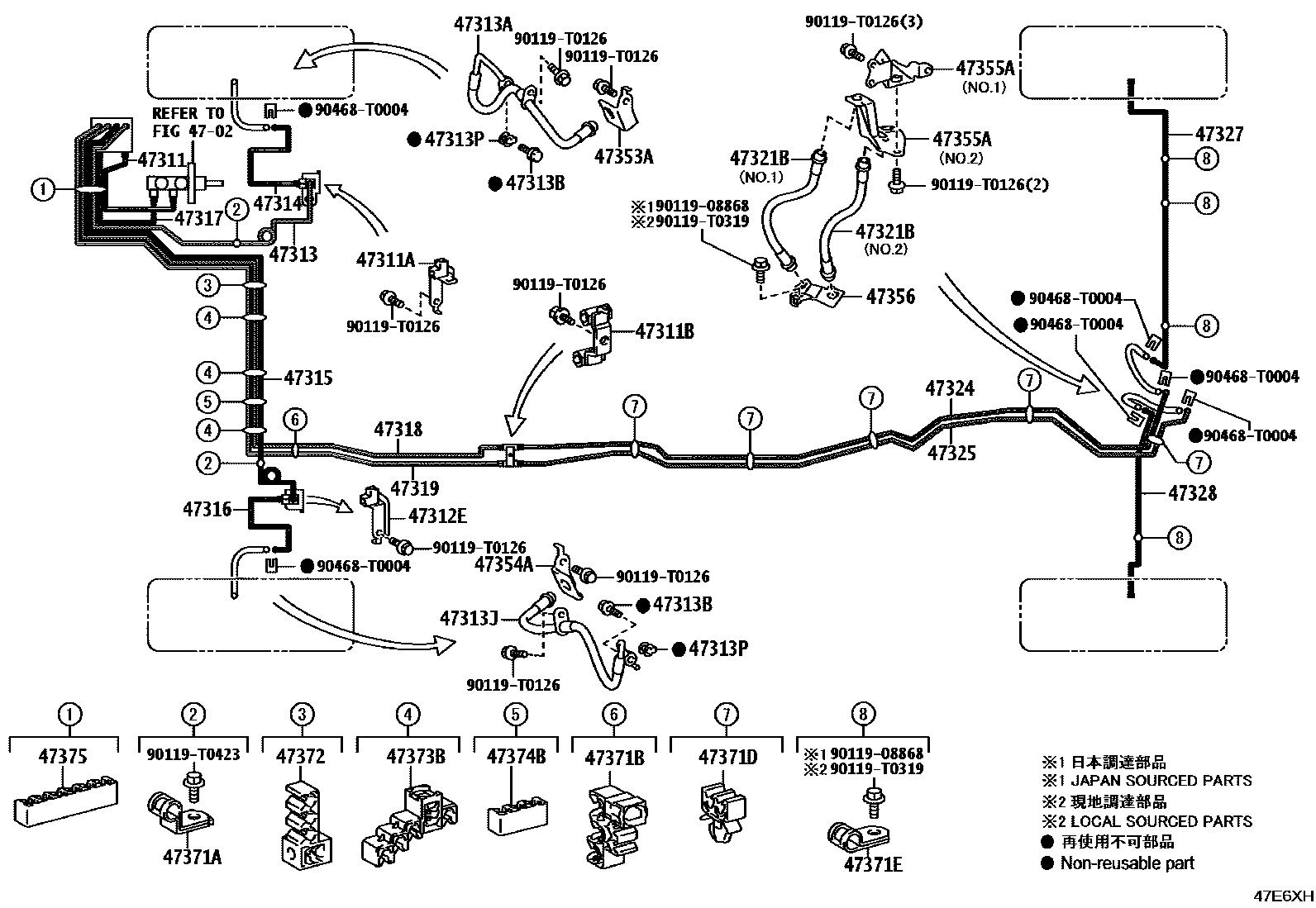 Toyota HILUX 制动配管和卡箍 EPC diagram — 47E6XH