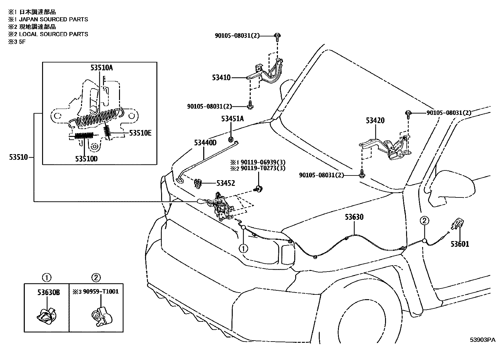Toyota HILUX 发动机盖锁和铰链 EPC diagram — 53903PA