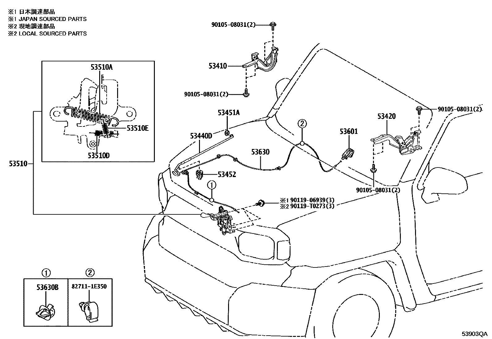Toyota HILUX 发动机盖锁和铰链 EPC diagram — 53903QA