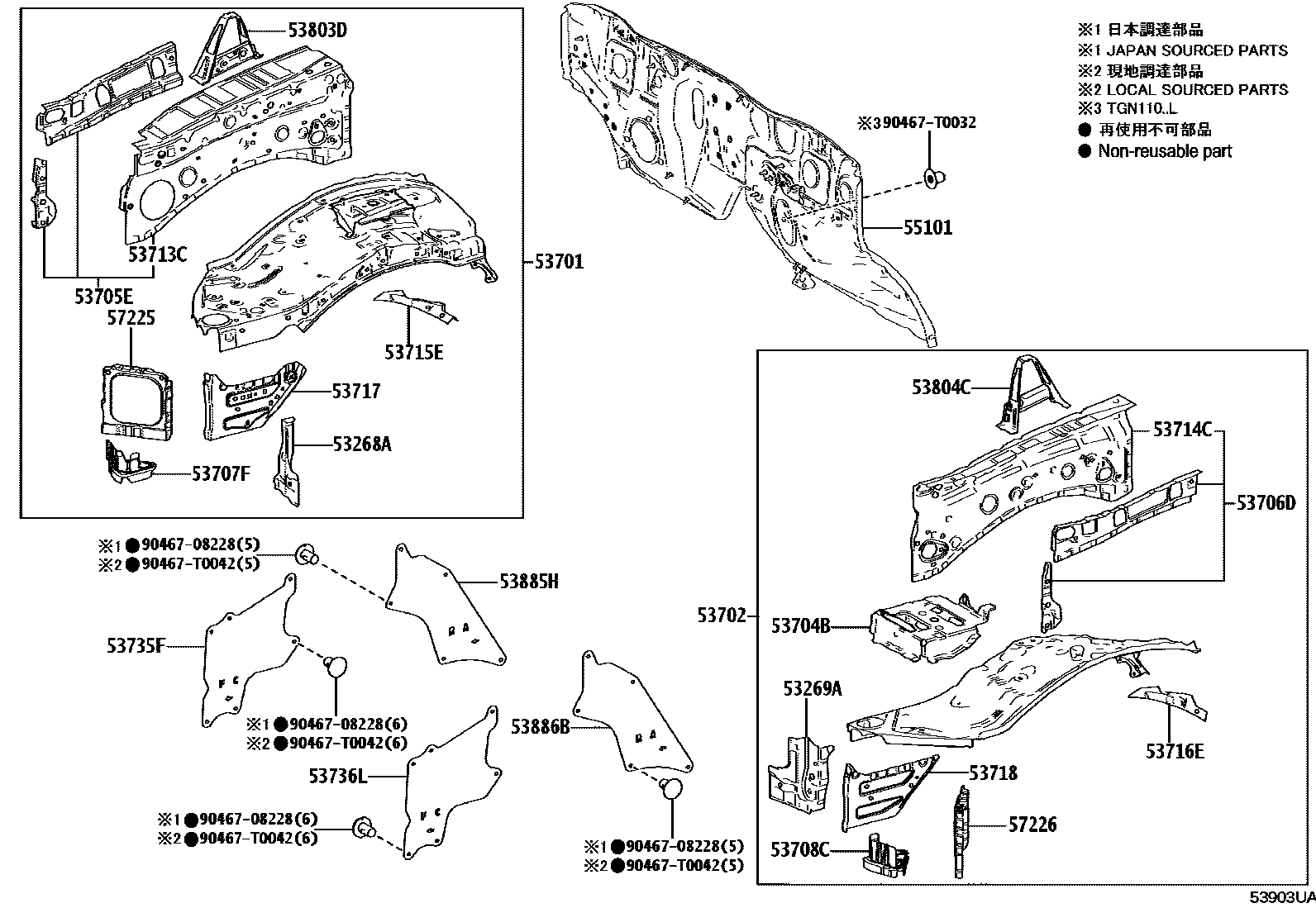 Toyota HILUX 前翼子板挡泥板和前围板 EPC diagram — 53903UA