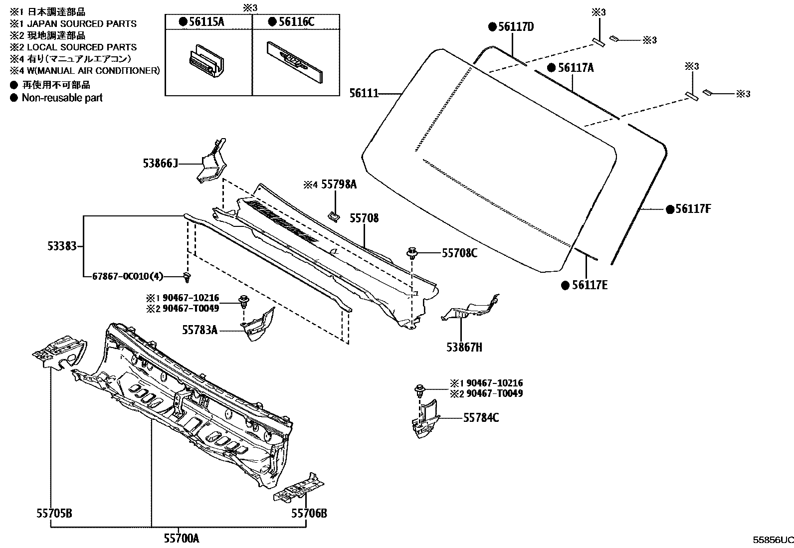 Toyota HILUX 前围板和挡风玻璃 EPC diagram — 55856UC