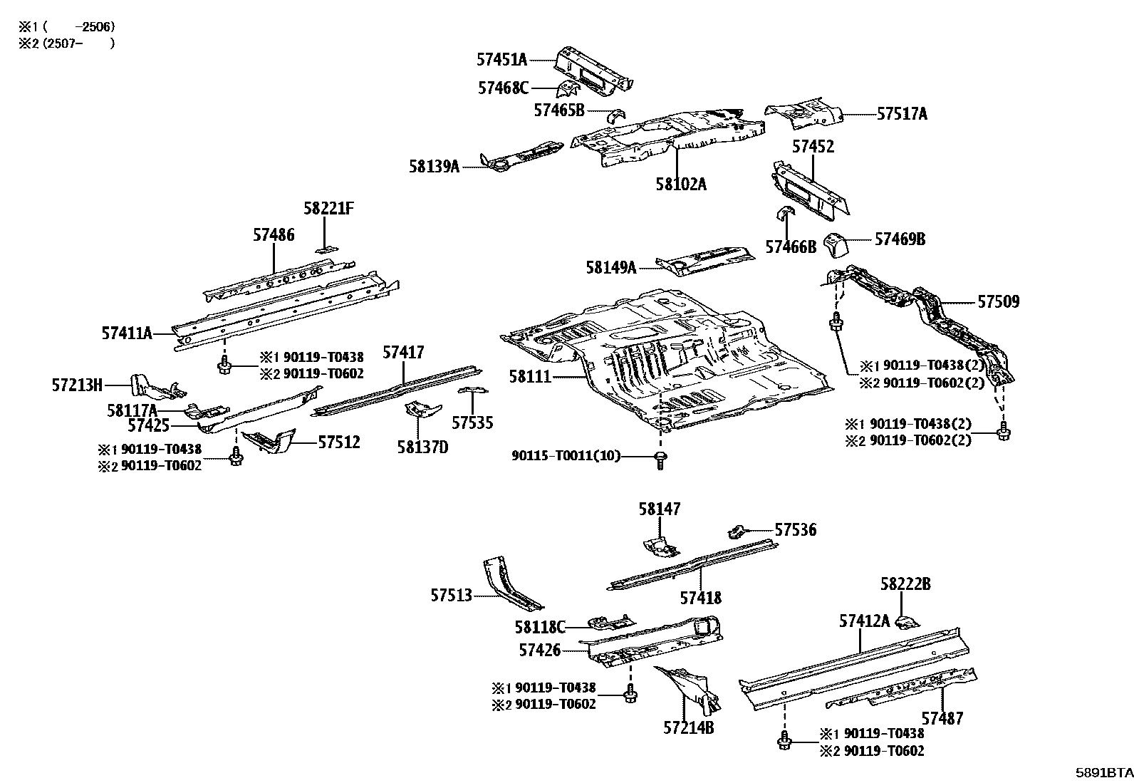 Toyota HILUX 前地板和前地板梁 EPC diagram — 5891BTA