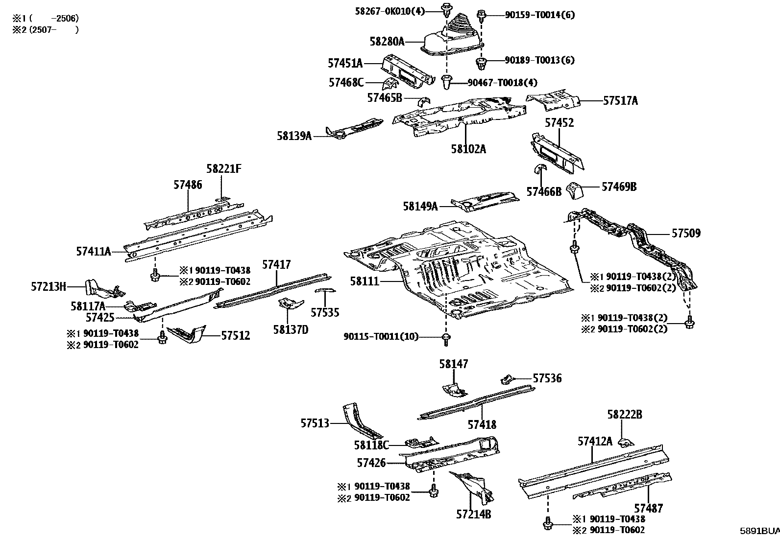Toyota HILUX 前地板和前地板梁 EPC diagram — 5891BUA
