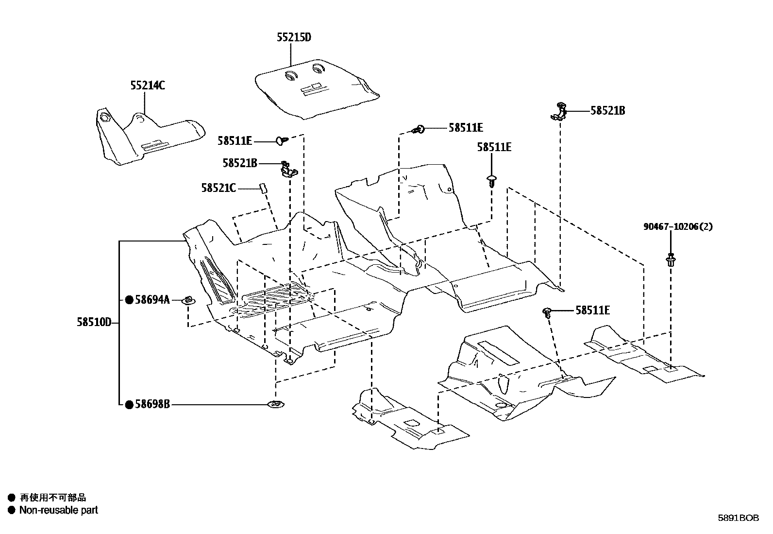 Toyota HILUX 地板垫和消声垫 EPC diagram — 5891BOB