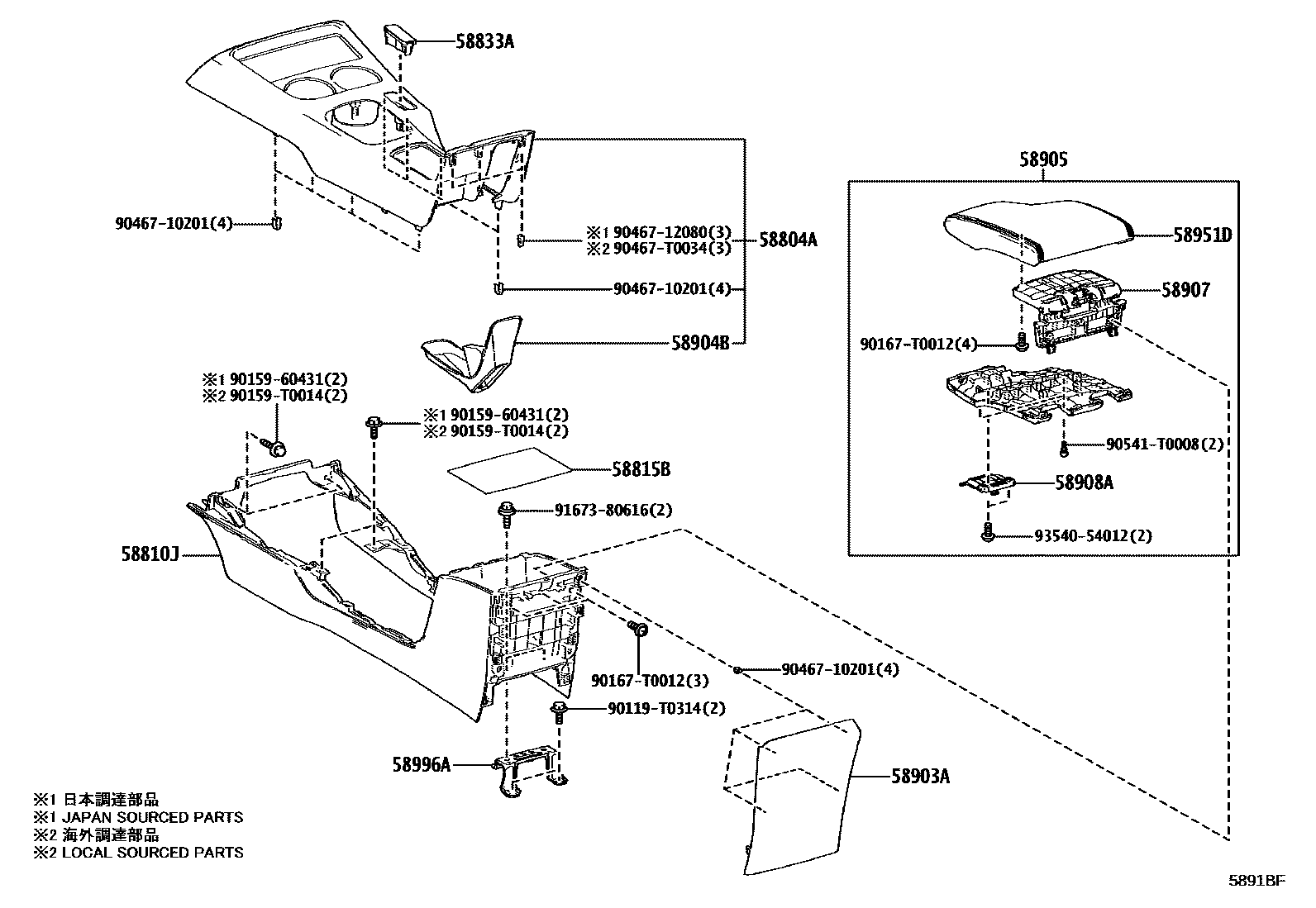 Toyota HILUX 中央扶手箱和支架 EPC diagram — 5891BF