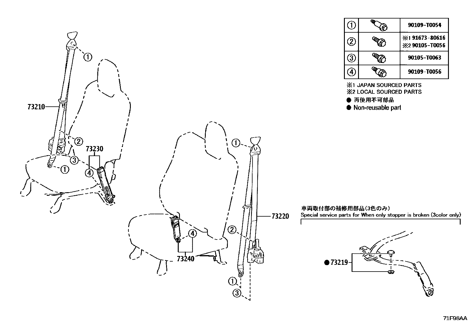 Toyota HILUX seat belt EPC diagram — 71F98AA