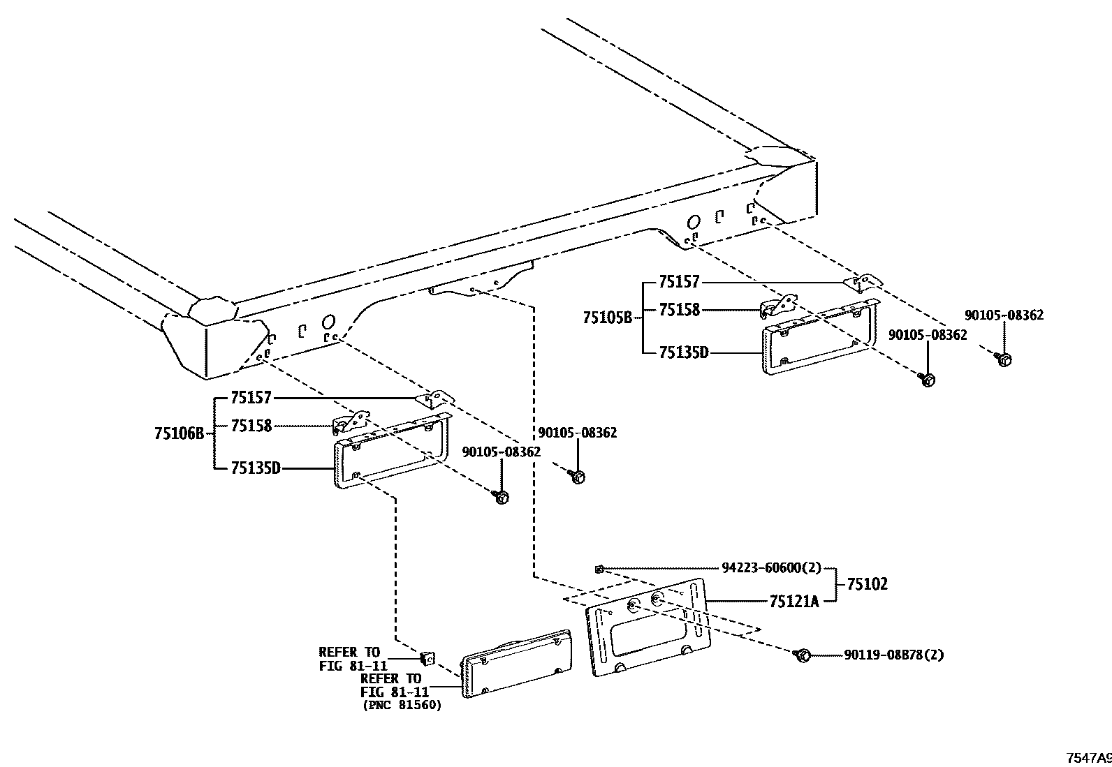 Toyota HILUX 工具箱和牌照支架 EPC diagram — 7547A9
