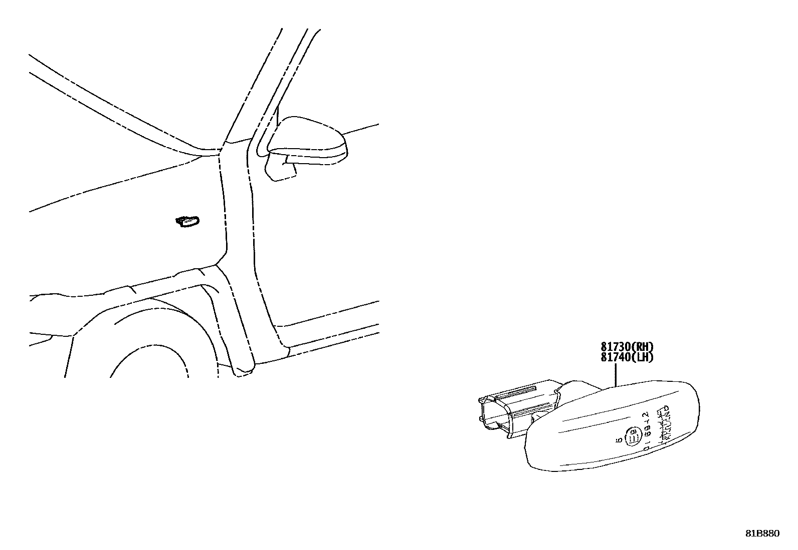 Toyota HILUX Side Turn Signal & Outer Mirror Lamp EPC diagram — 81B880