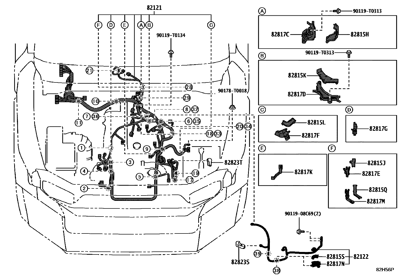 Toyota HILUX 线束和卡夹 EPC diagram — 82H56P