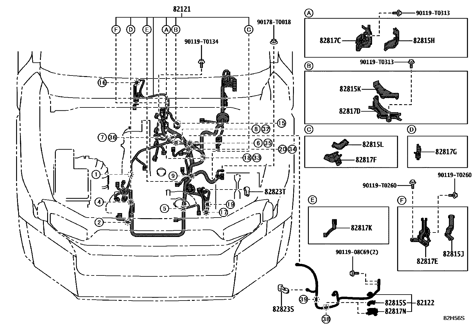 Toyota HILUX 线束和卡夹 EPC diagram — 82H56S