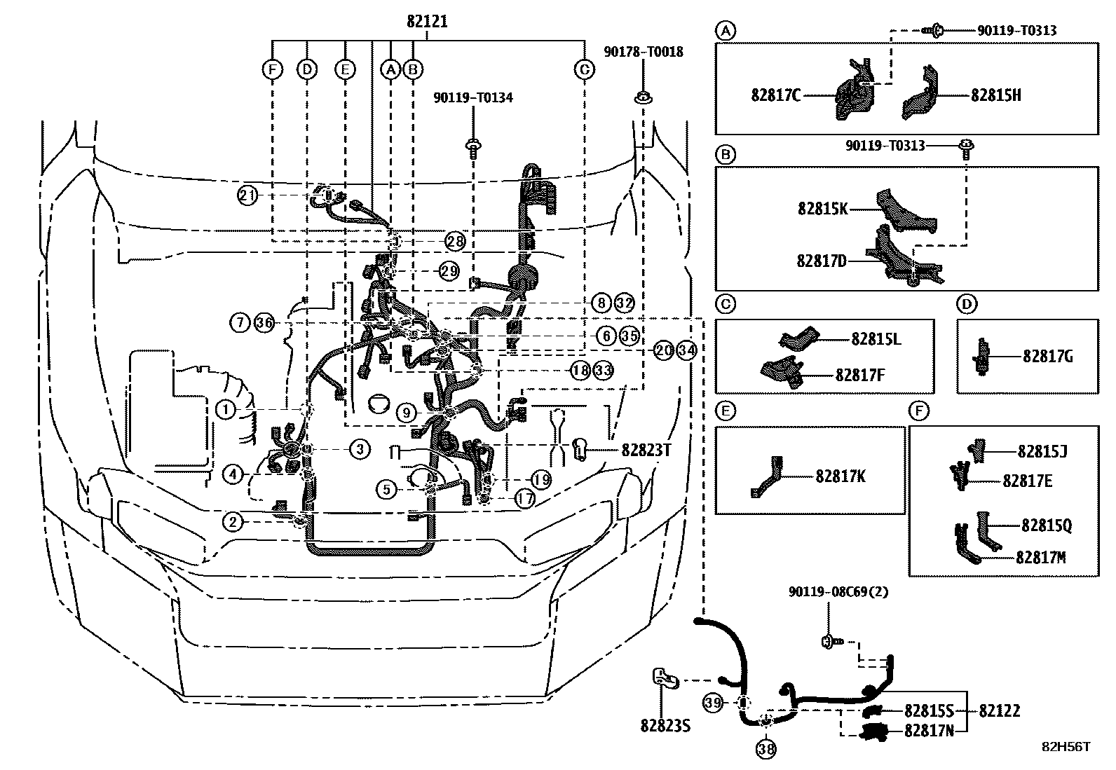 Toyota HILUX 线束和卡夹 EPC diagram — 82H56T