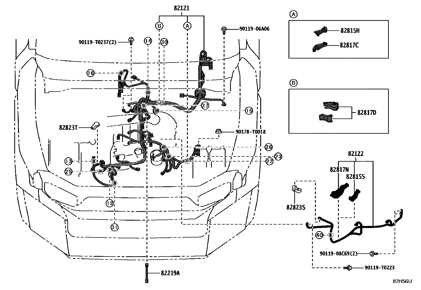 Toyota HILUX 线束和卡夹 EPC diagram — 82H56U