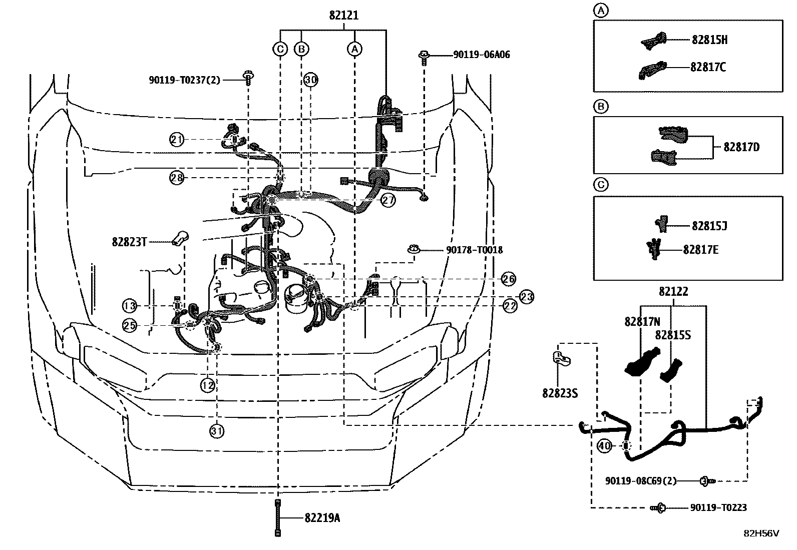 Toyota HILUX 线束和卡夹 EPC diagram — 82H56V