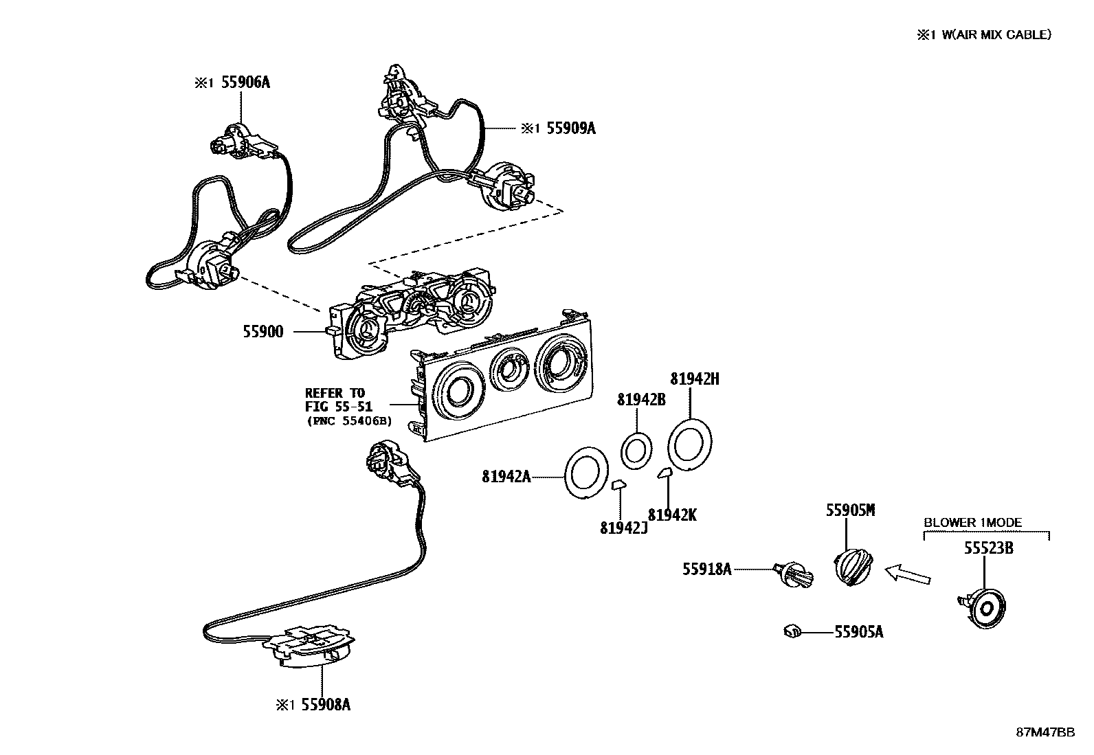 Toyota HILUX 暖风和空调系统 - 控制器和风管 EPC diagram — 87M47BB