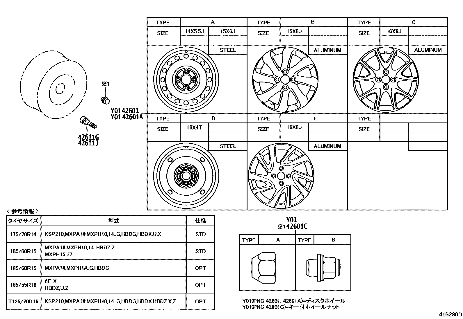 Toyota YARIS 车轮和车轮盖 EPC diagram — 415280D