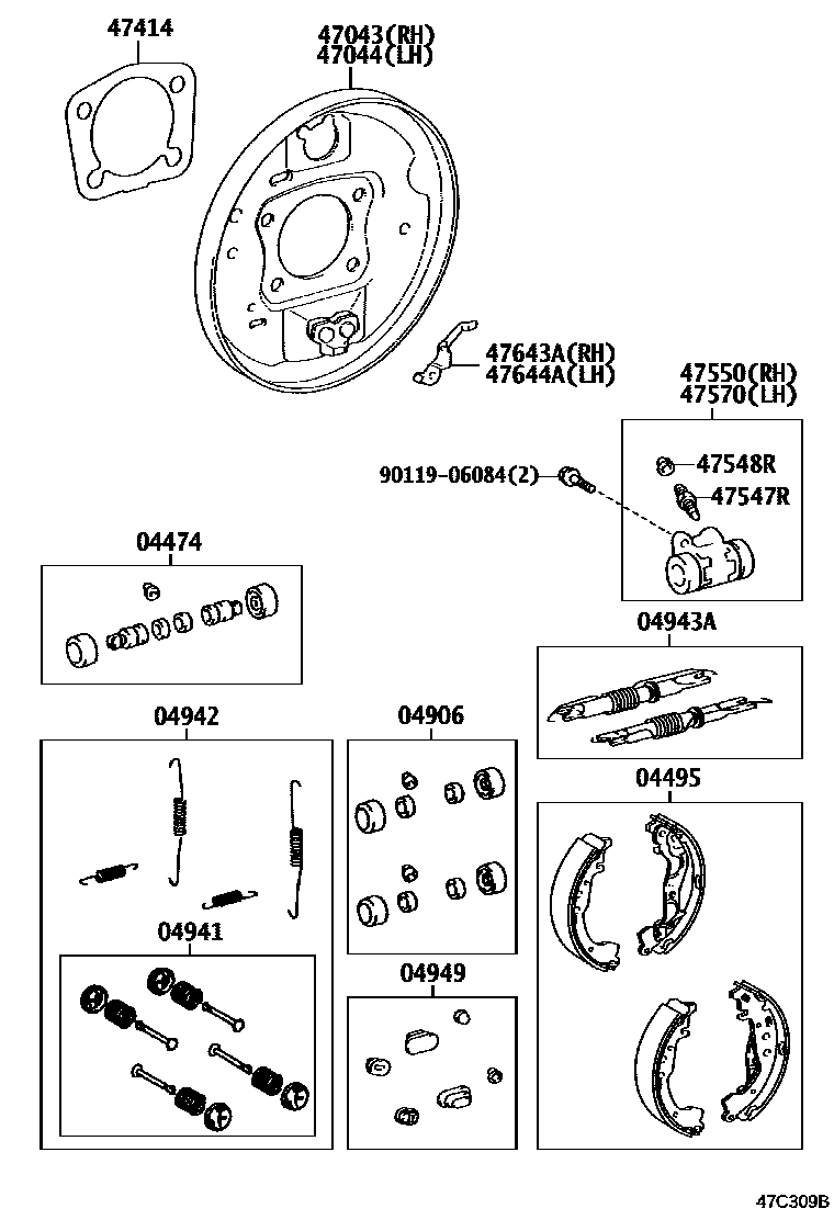 Toyota YARIS 后鼓式制动器分泵和底板 EPC diagram — 47C309B