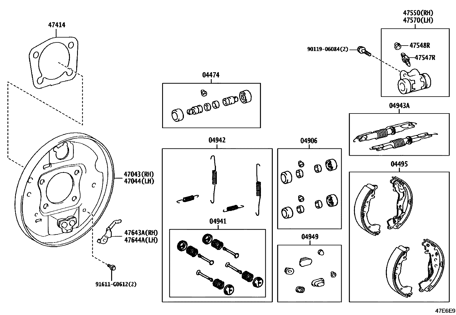 Toyota YARIS 后鼓式制动器分泵和底板 EPC diagram — 47E6E9