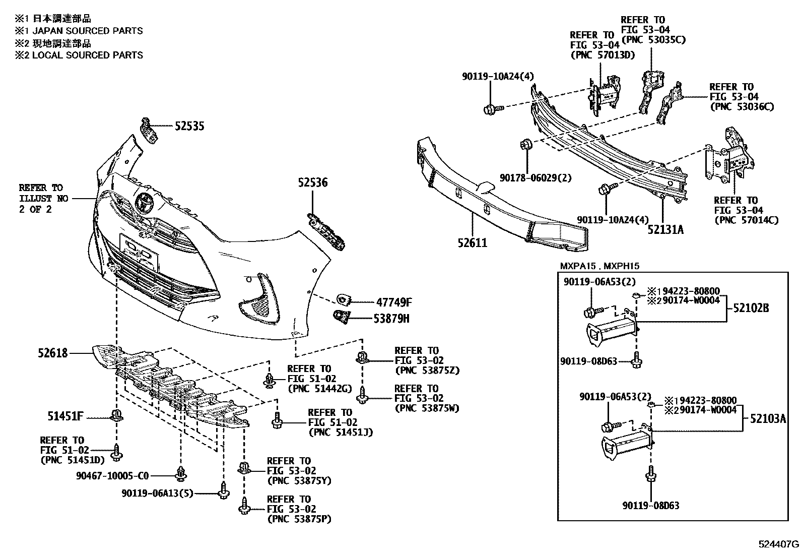 Toyota YARIS 前保险杠及附件 EPC diagram — 524407G