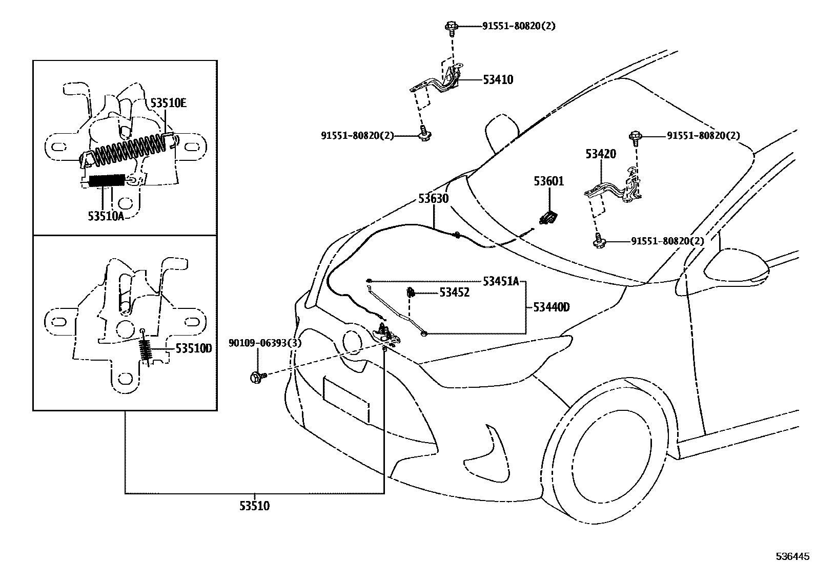 Toyota YARIS 发动机盖锁和铰链 EPC diagram — 536445
