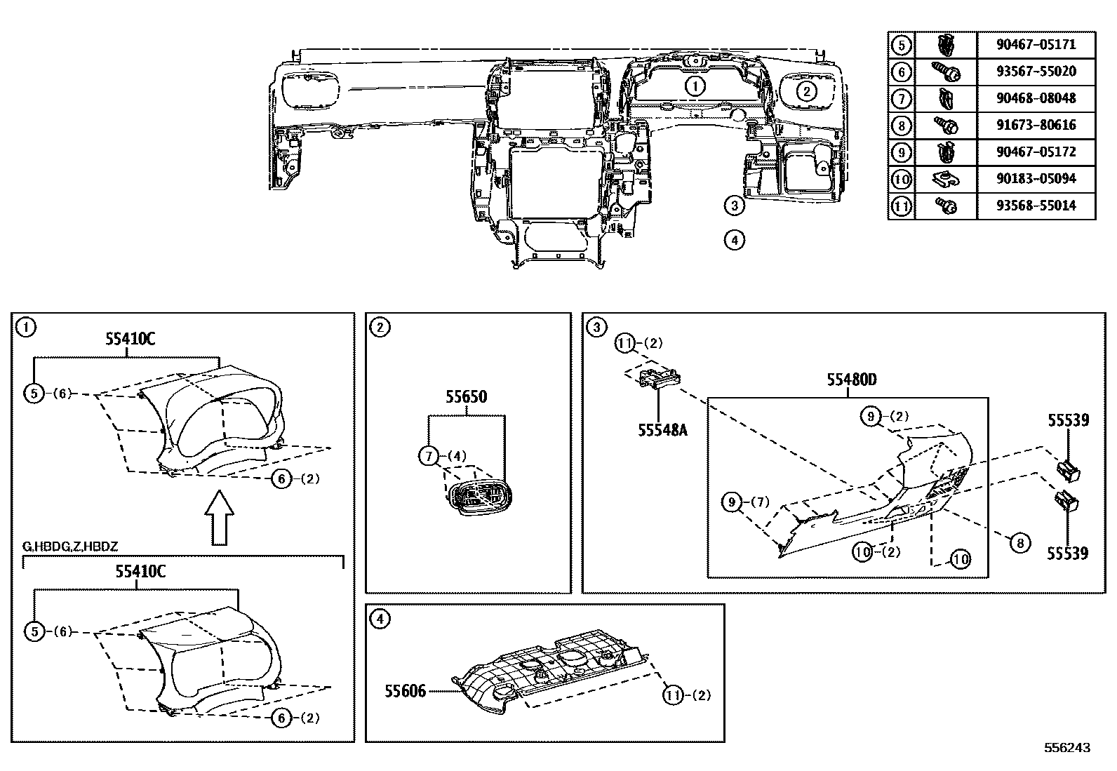 Toyota YARIS 仪表板和手套箱 EPC diagram — 556243