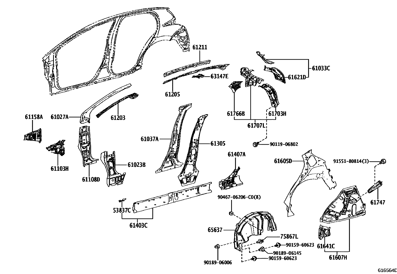 Toyota YARIS 侧梁 EPC diagram — 616564D