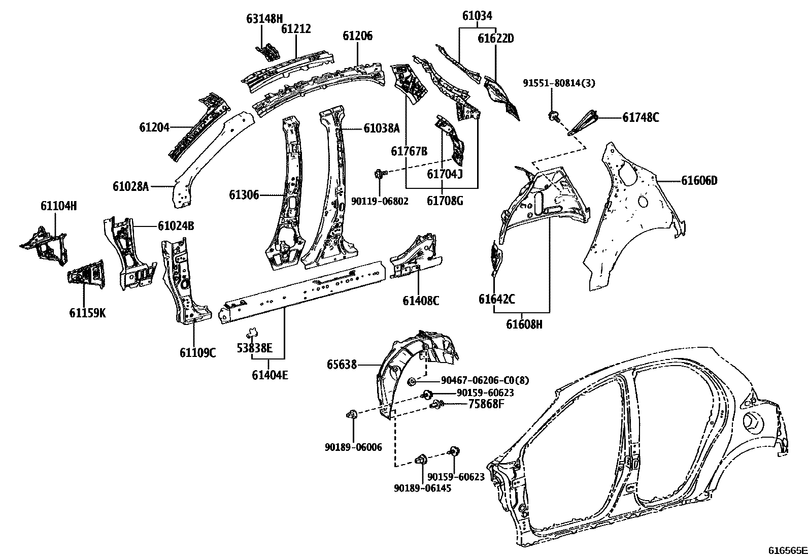 Toyota YARIS 侧梁 EPC diagram — 616565E