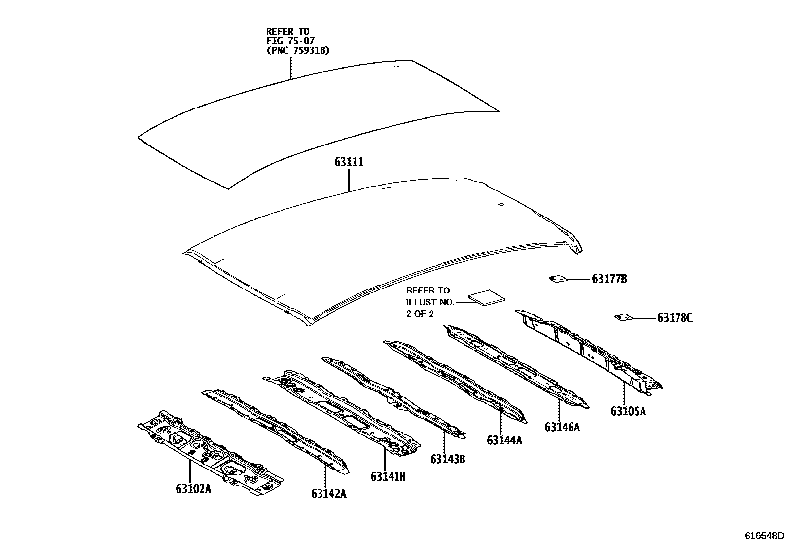 Toyota YARIS 天窗板和背窗玻璃 EPC diagram — 616548D