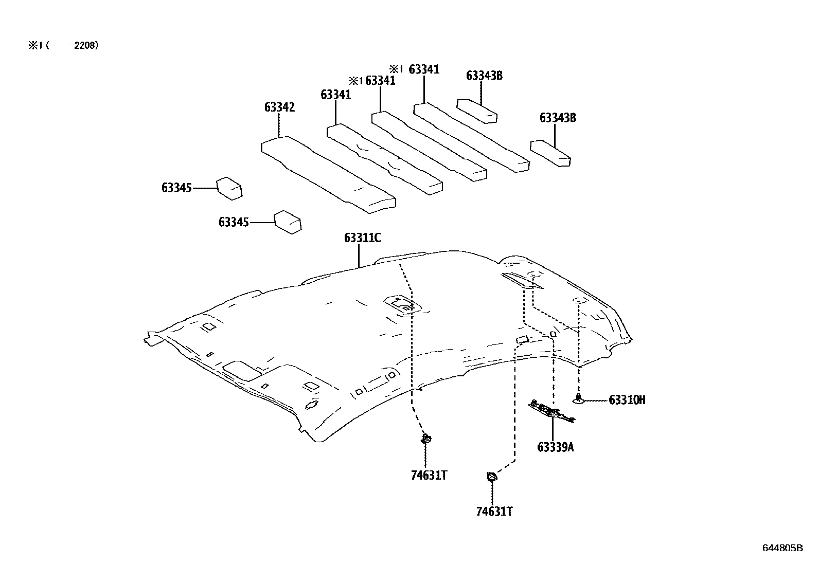 Toyota YARIS 车顶内衬和消声垫 EPC diagram — 644805B