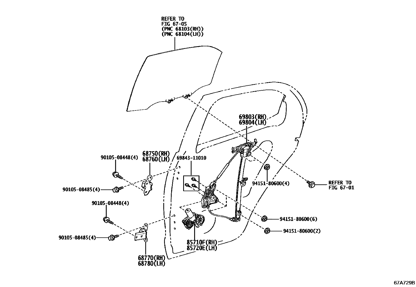 Toyota YARIS 后门车窗升降器和合页 EPC diagram — 67A729B