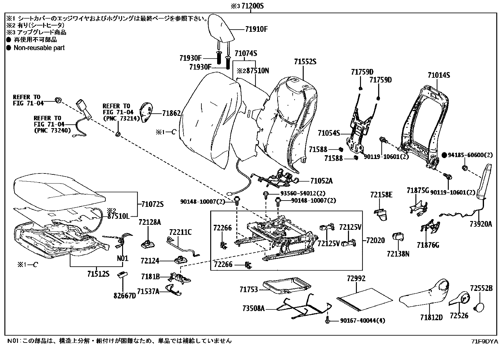 Toyota YARIS 前排座椅和座椅滑轨 EPC diagram — 71F9DYA