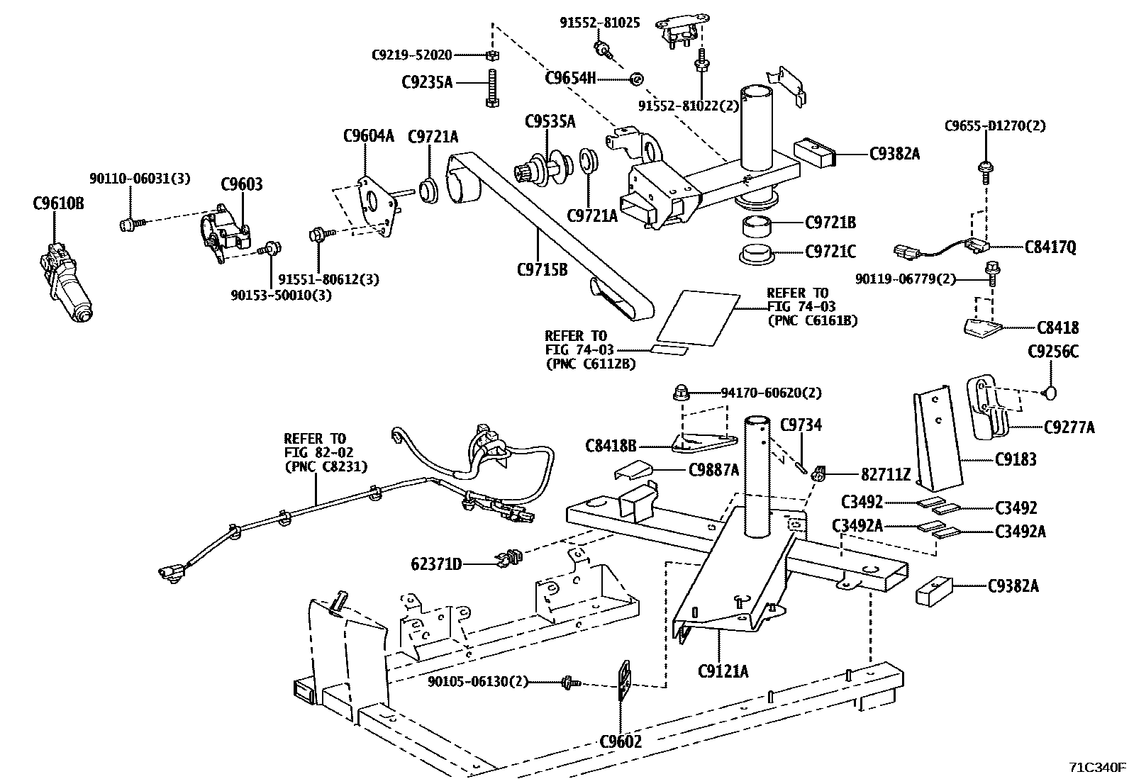 Toyota YARIS 倾斜装置和电动举升机 EPC diagram — 71C340F