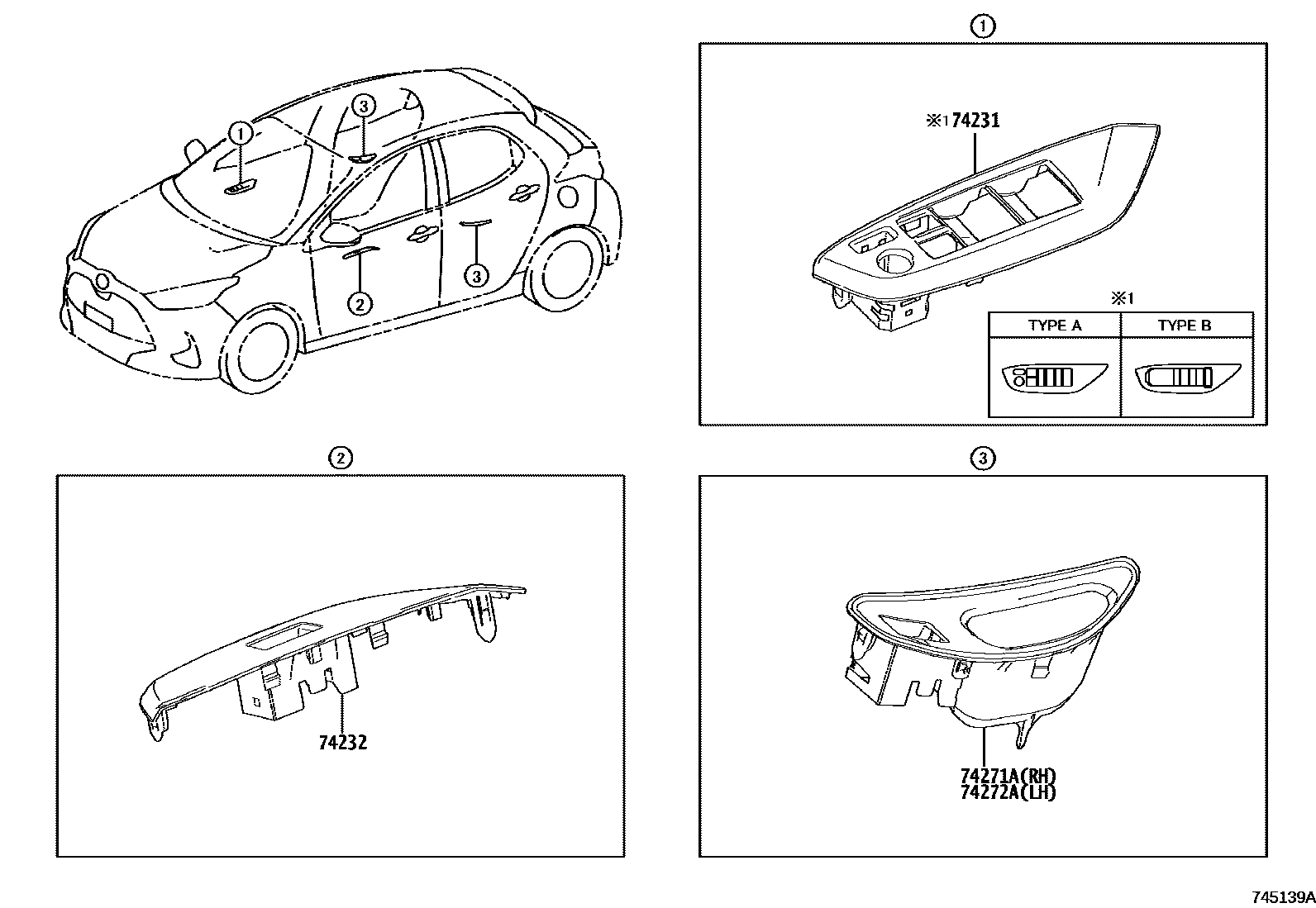 Toyota YARIS 扶手和遮阳板 EPC diagram — 745139A