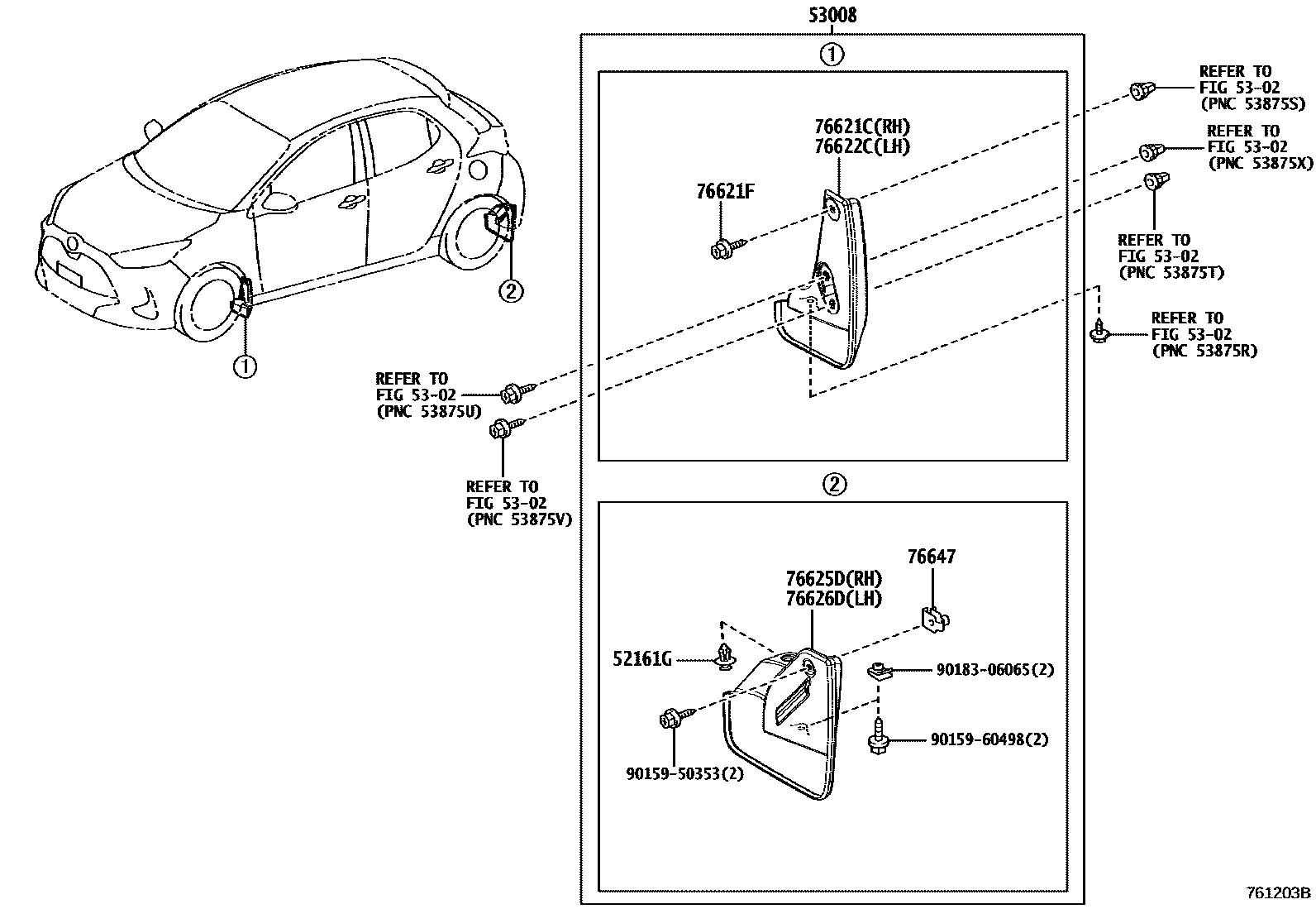 Toyota YARIS 挡泥板和扰流板 EPC diagram — 761203B
