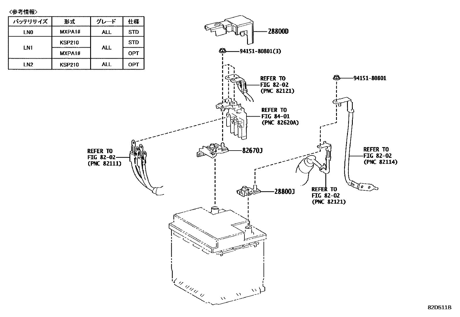 Toyota YARIS 蓄电池和蓄电池电缆 EPC diagram — 82D511B