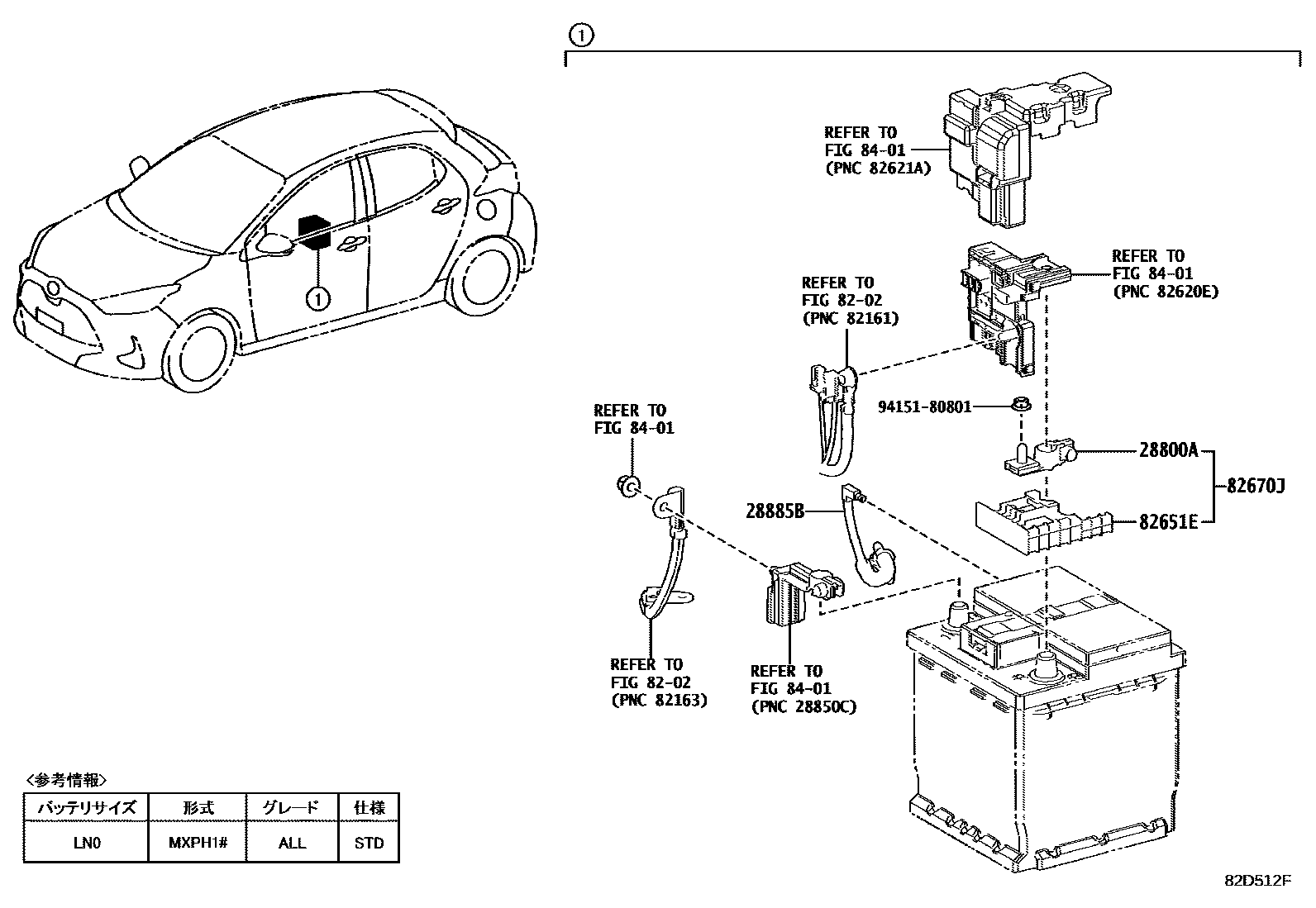 Toyota YARIS 蓄电池和蓄电池电缆 EPC diagram — 82D512F