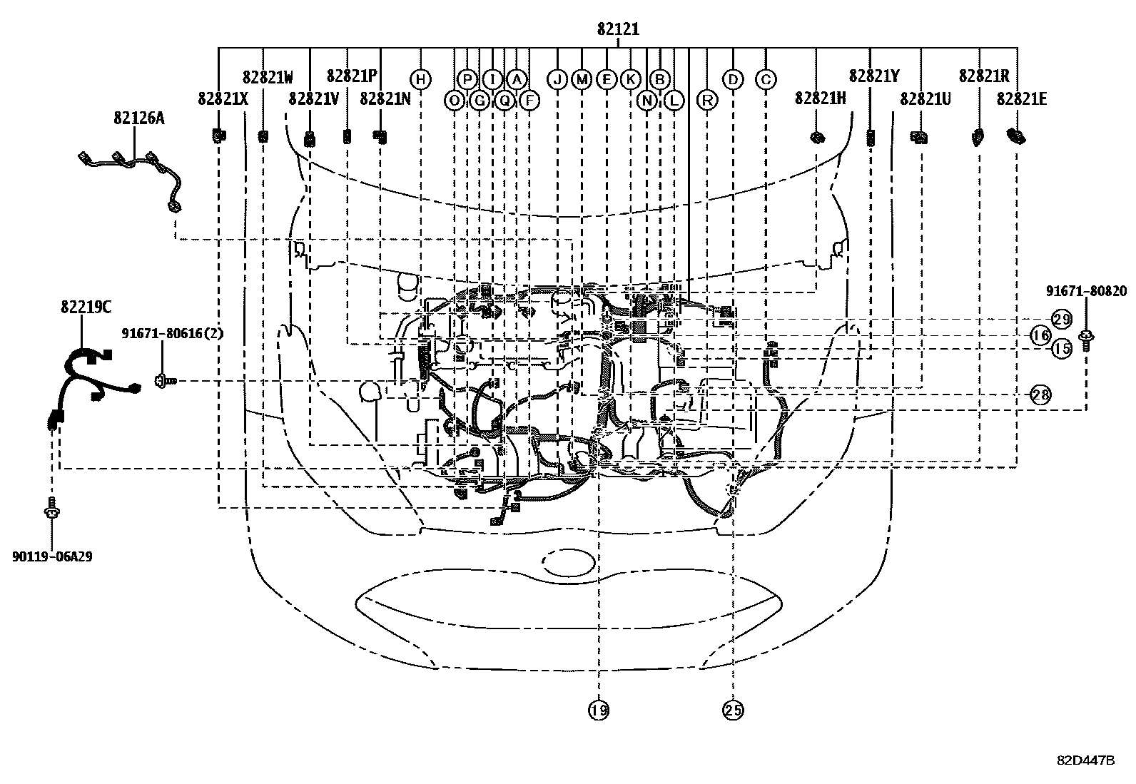Toyota YARIS 线束和卡夹 EPC diagram — 82D447B