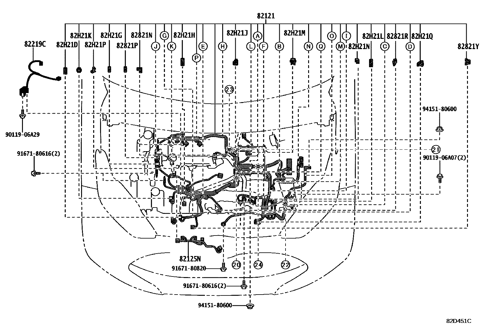 Toyota YARIS 线束和卡夹 EPC diagram — 82D451C