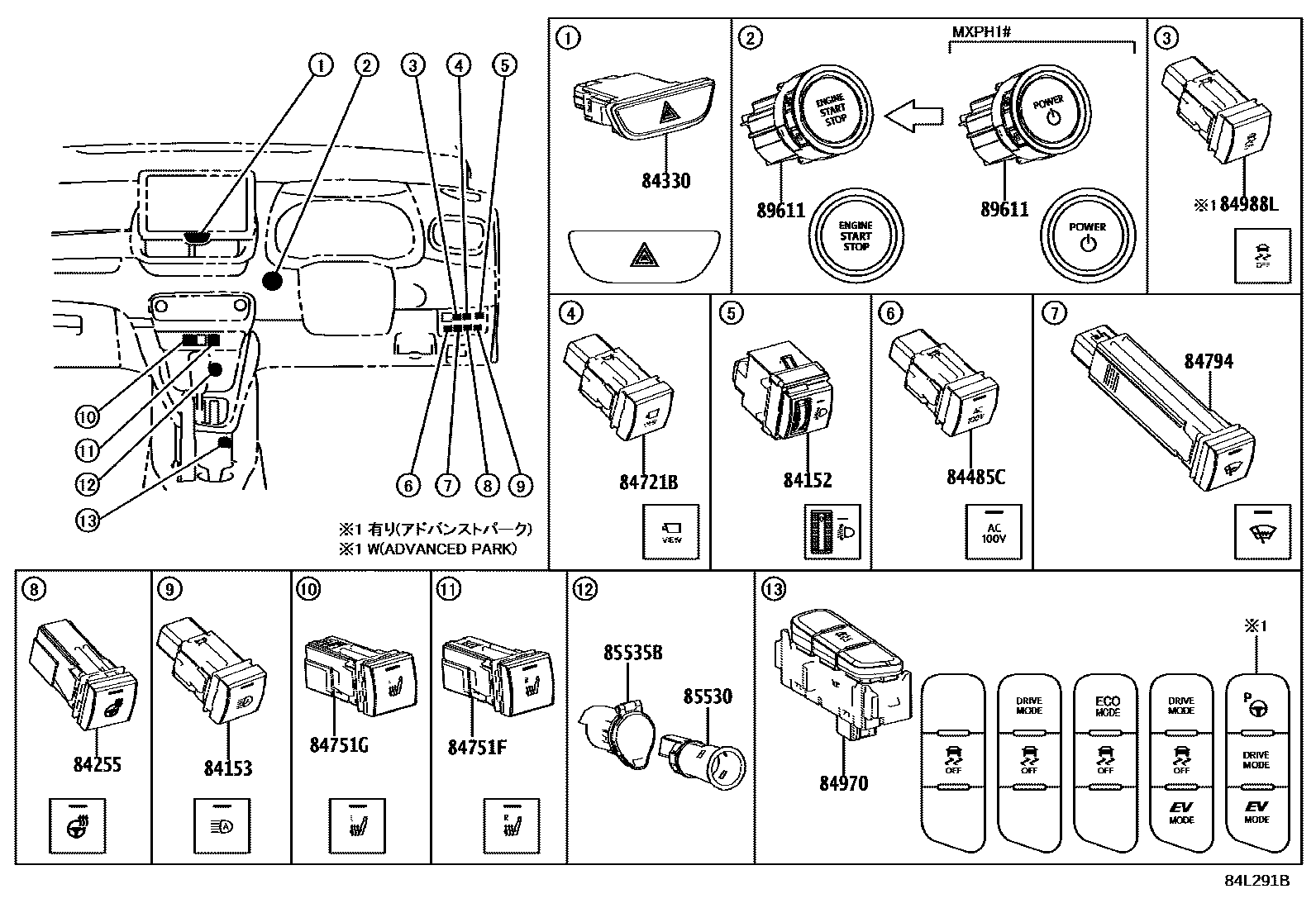 Toyota YARIS 开关和继电器和ECU EPC diagram — 84L291B