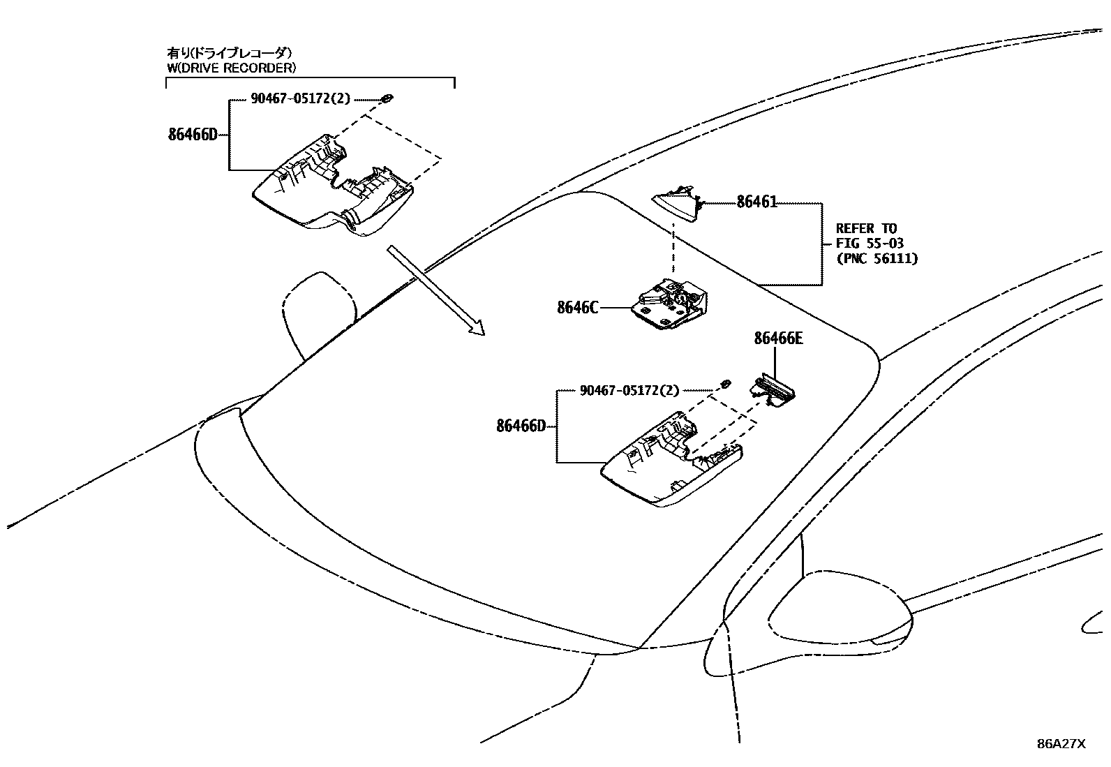 Toyota YARIS 预碰撞安全系统 EPC diagram — 86A27X