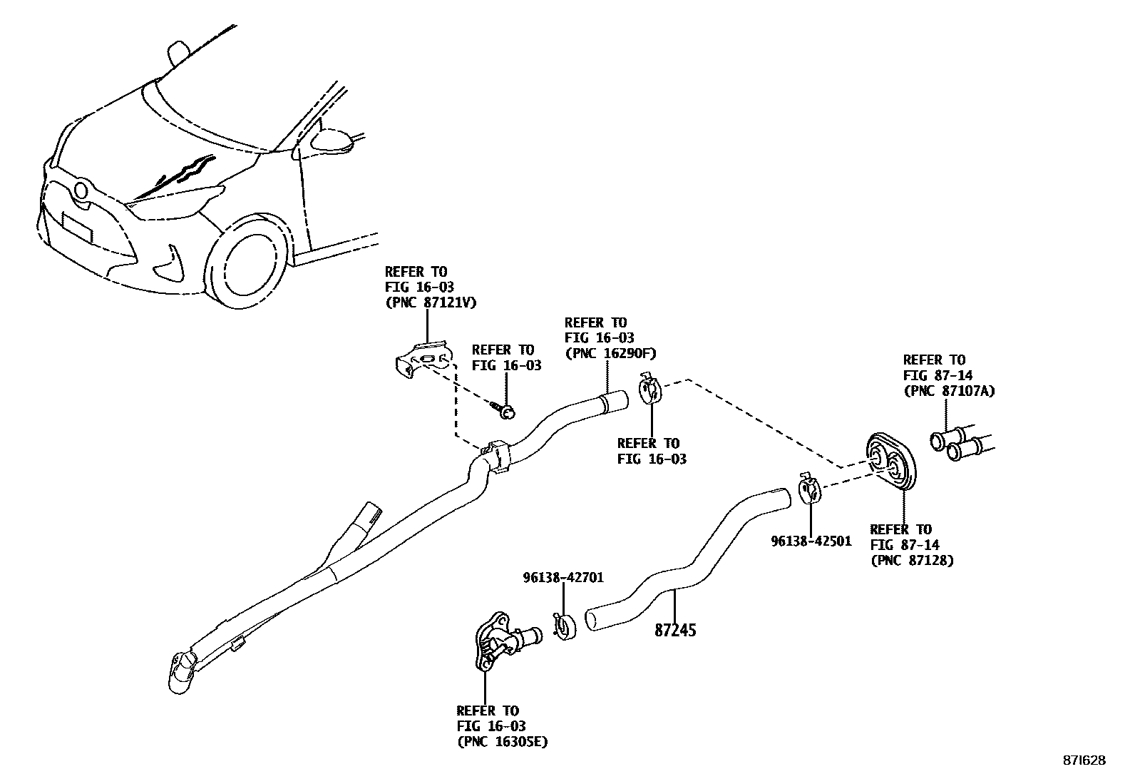Toyota YARIS 暖风和空调系统 - 水管 EPC diagram — 87I628