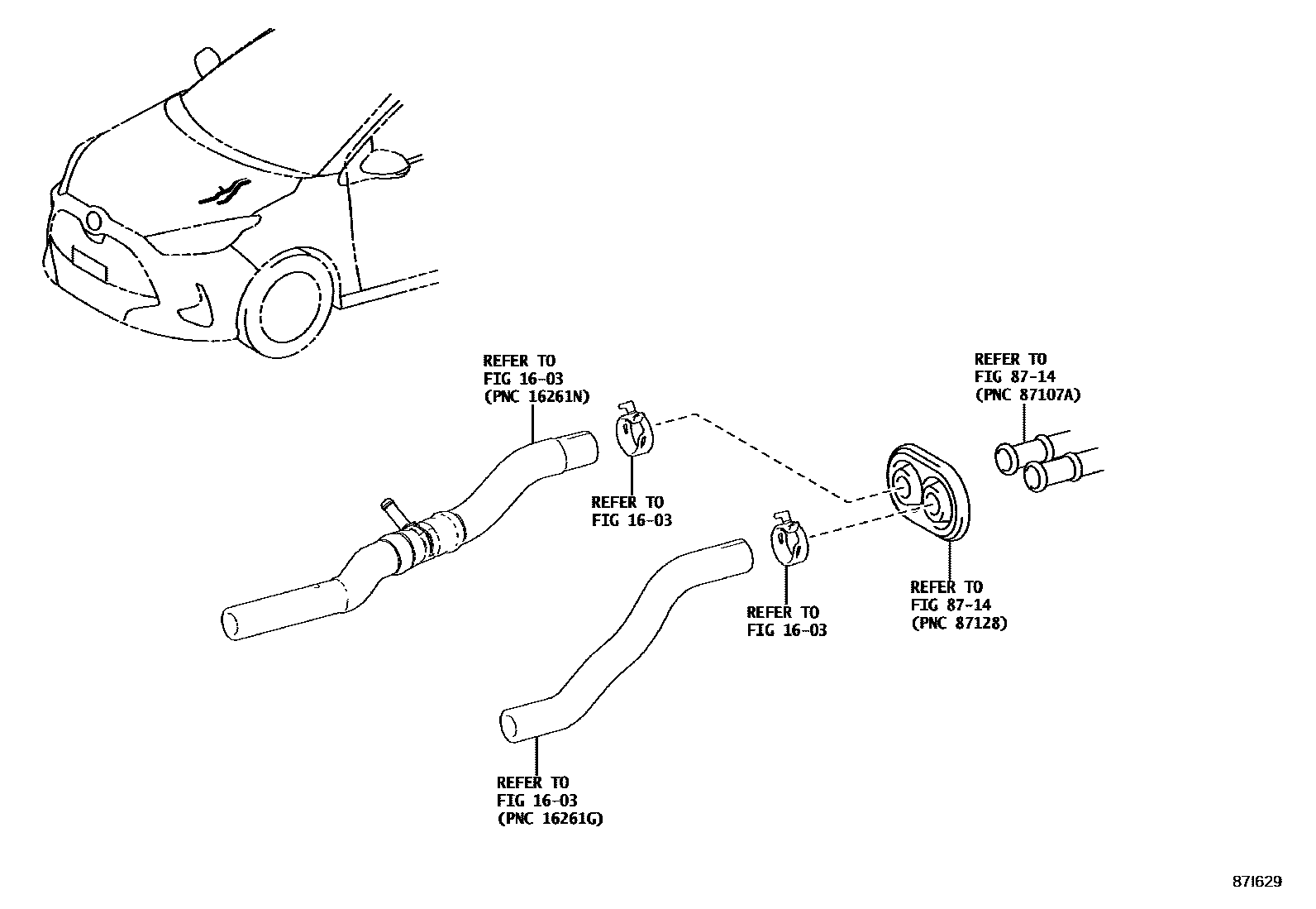 Toyota YARIS 暖风和空调系统 - 水管 EPC diagram — 87I629