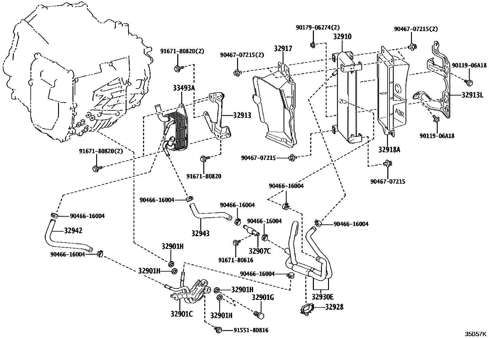 Toyota YARIS 变速器油冷却器和配管(ATM) EPC diagram — 35B57K