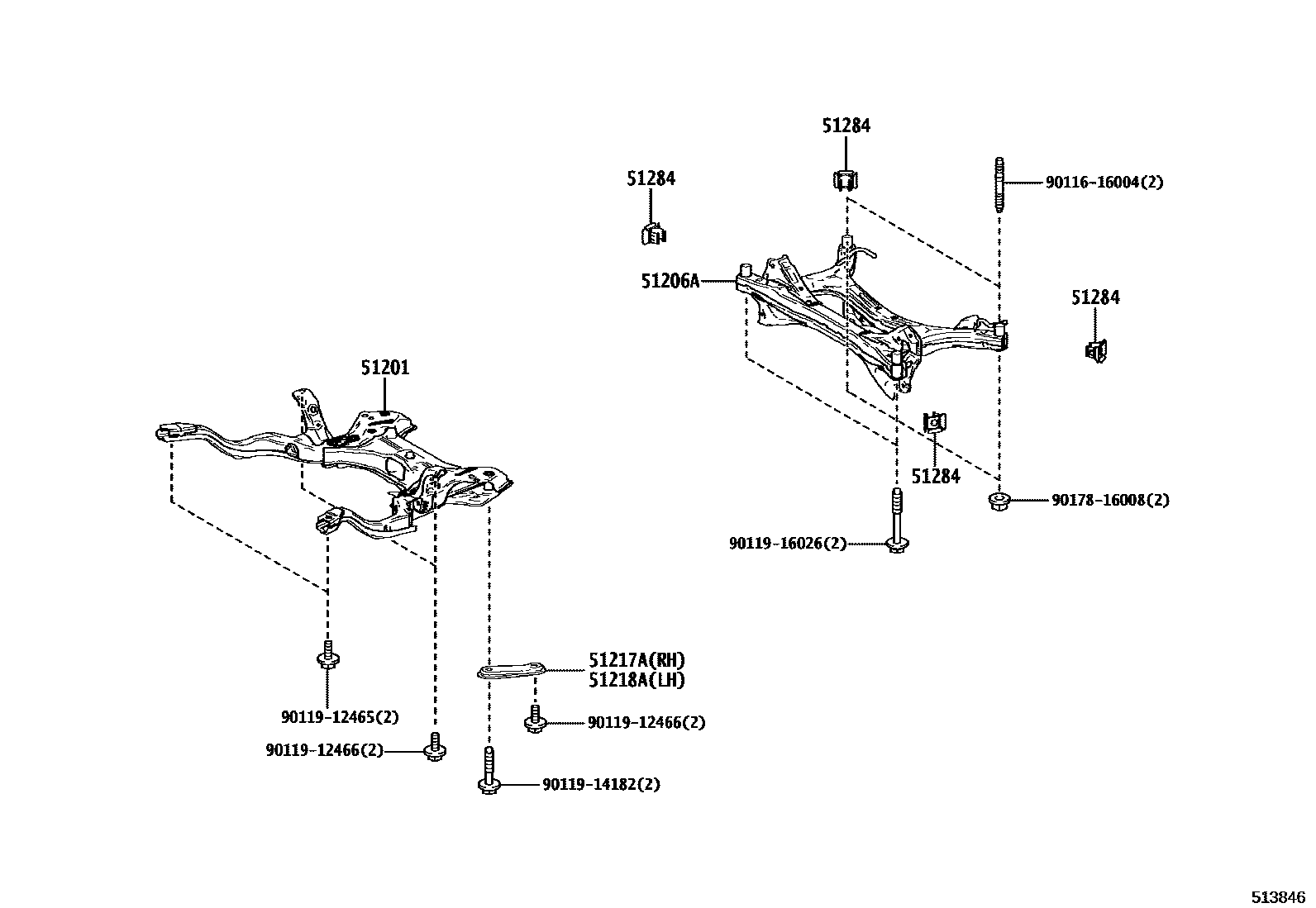 Toyota YARIS 悬架横梁和发动机底罩 EPC diagram — 513846