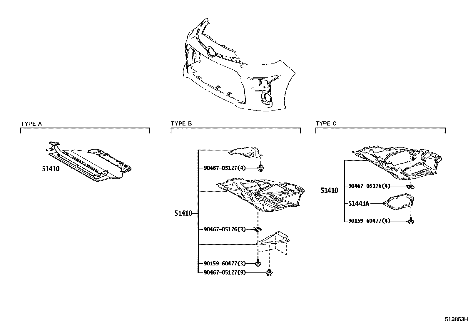 Toyota YARIS 悬架横梁和发动机底罩 EPC diagram — 513863H