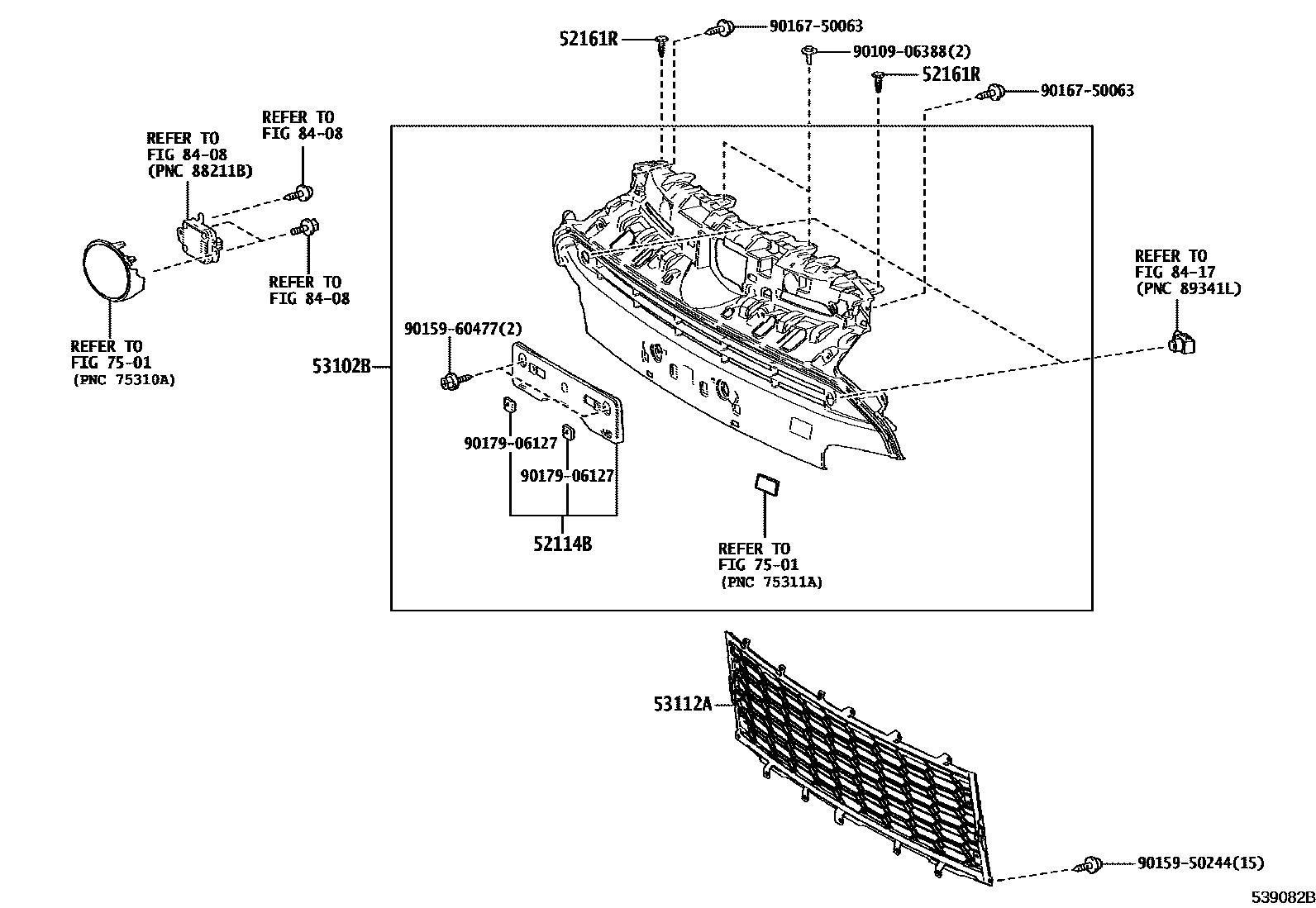 Toyota YARIS radiator grille EPC diagram — 539082B