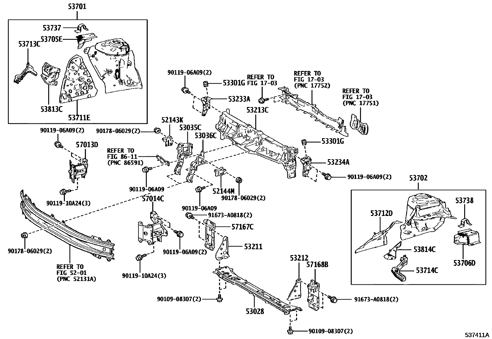 Toyota YARIS 前翼子板挡泥板和前围板 EPC diagram — 537411A